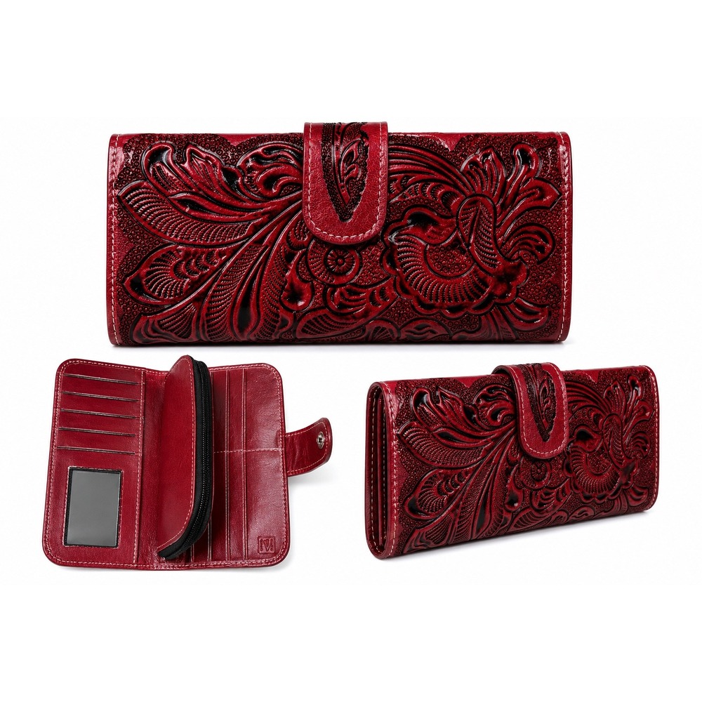 NEW Tooled Floral Western Leather Wallet Red Embossed Bifold Organizer Cowgirl